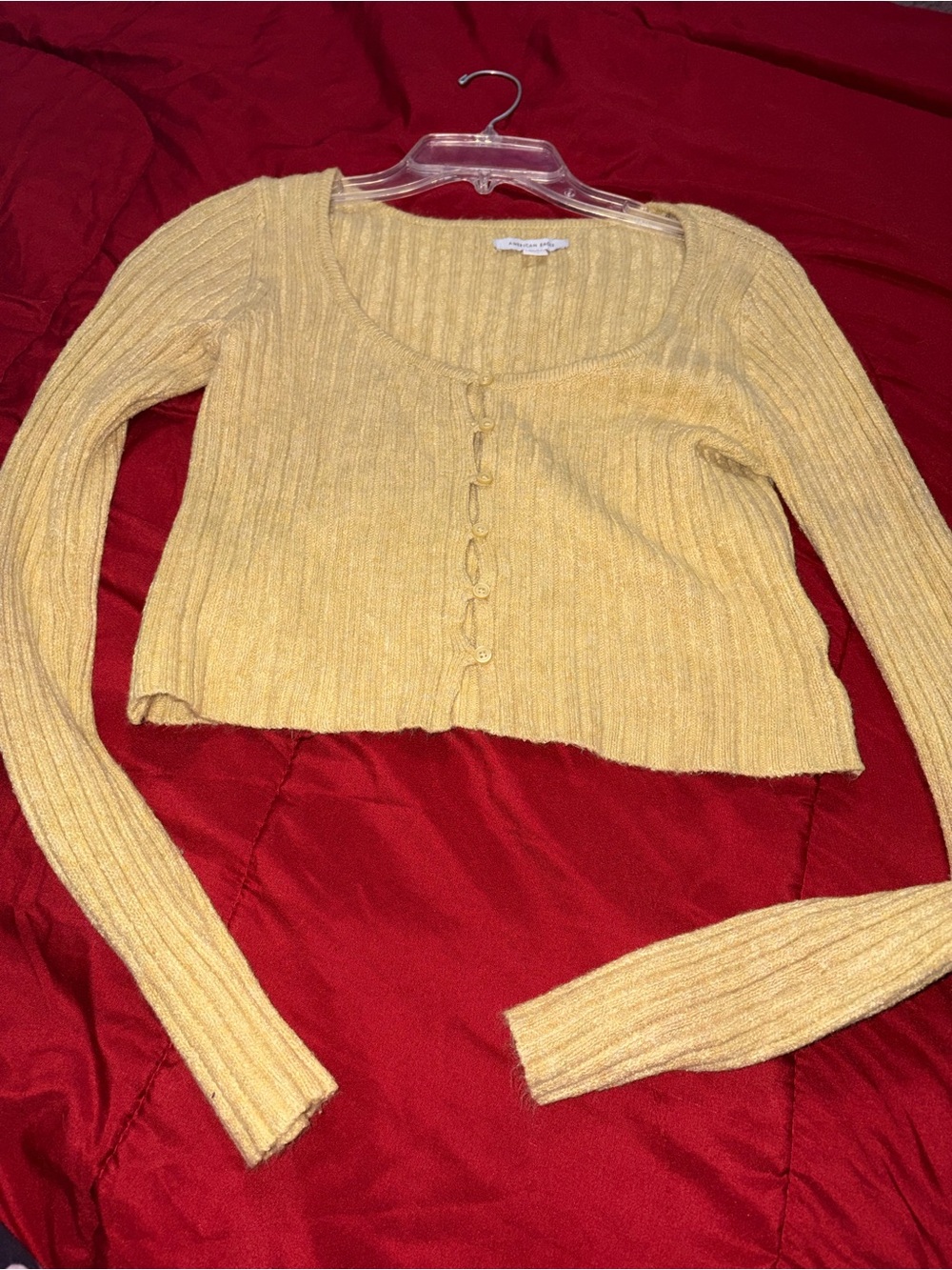 American Eagle Outfitters Cropped Ribbed Cardigan — Mustard Yellow